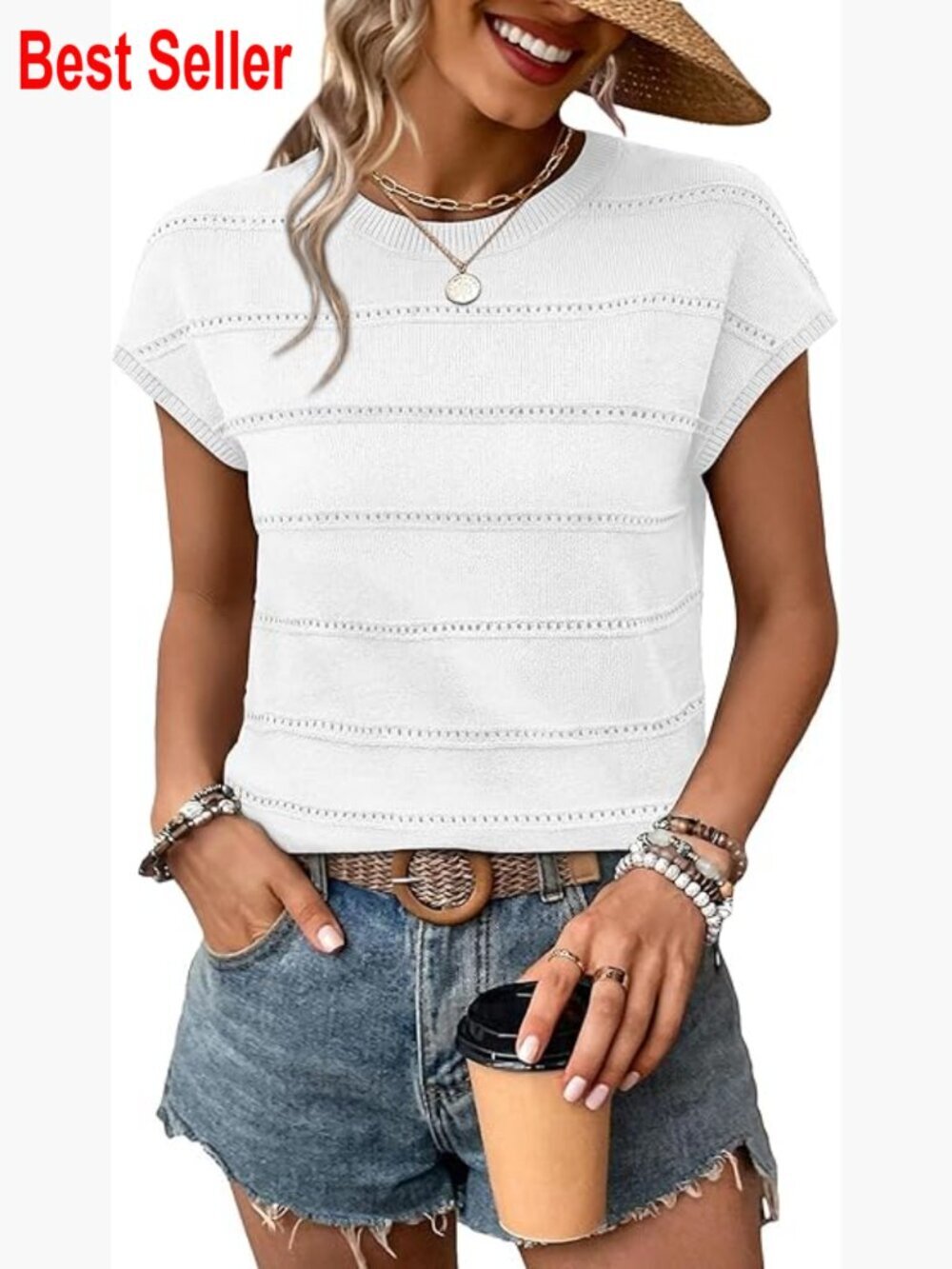 Lightweight Cap Sleeve Hollow Out Knit Sweater Pullover Spring Summer